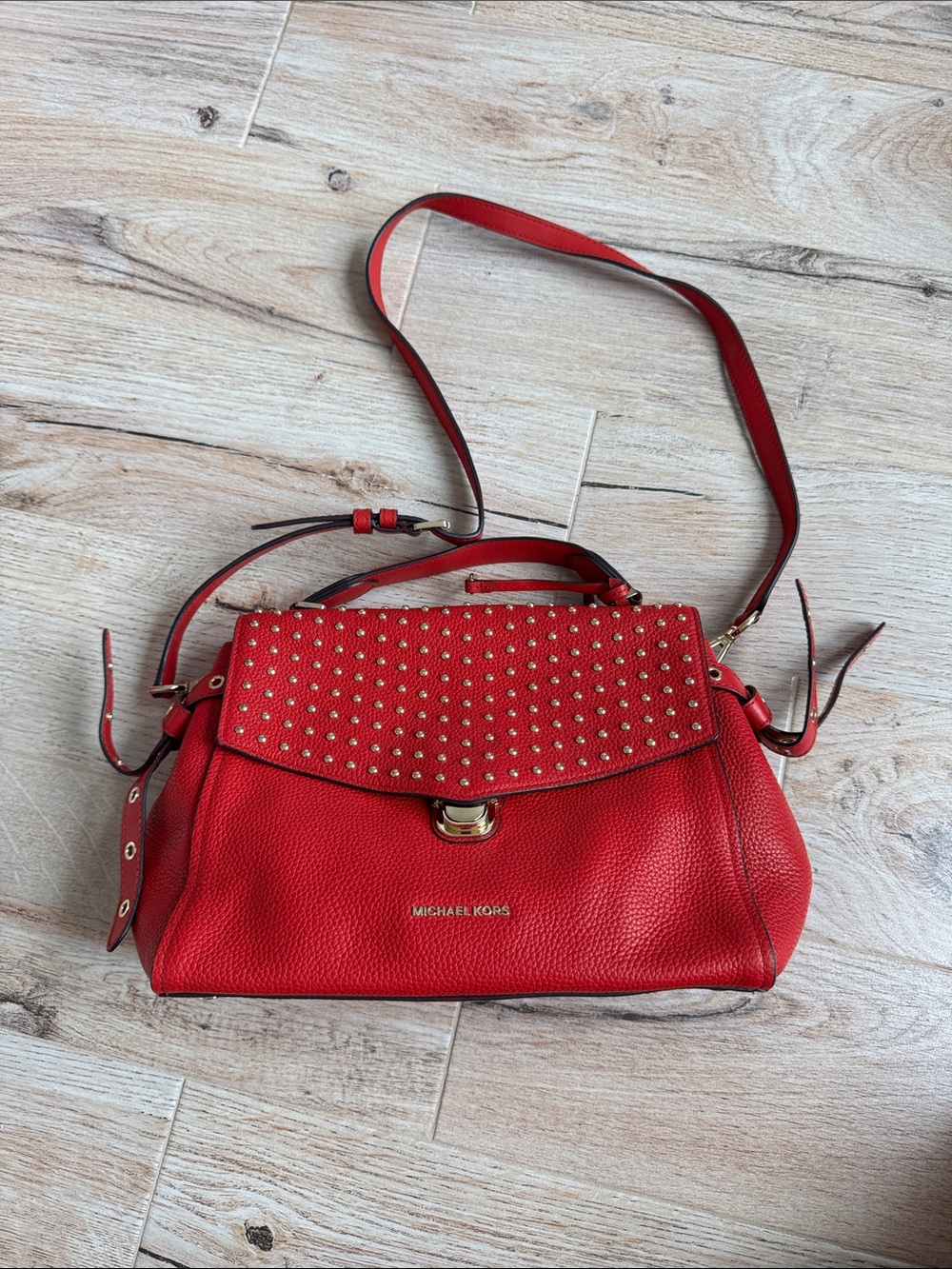 Michael Kors Red Studded Pebbled Leather Shoulder Bag